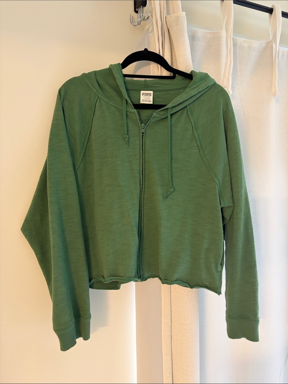 PINK Victoria's Secret Green Cropped Zip-Up Hoodie Sweater